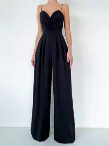 Las mujeres de color sólido sin espalda recta de pierna ancha de cintura a medida mono, elegante temperamento delgado pantalones conjunto de boda del partido / conferencia diaria elegante desgaste preferido