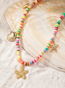1 Stück Halskette mit Seestern- und Muschelperlen-Anhänger, bohemian Ozean Urlaubsstil, lässige Mode, geeignet für den täglichen Gebrauch