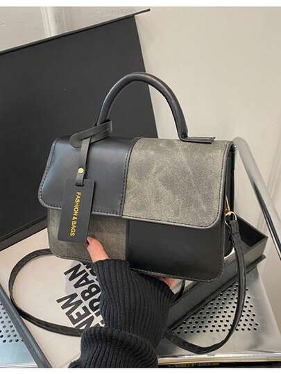 新款时尚简约格子拼接女士手提包单肩斜挎包，适合日常、工作、休闲、通勤、节日礼物