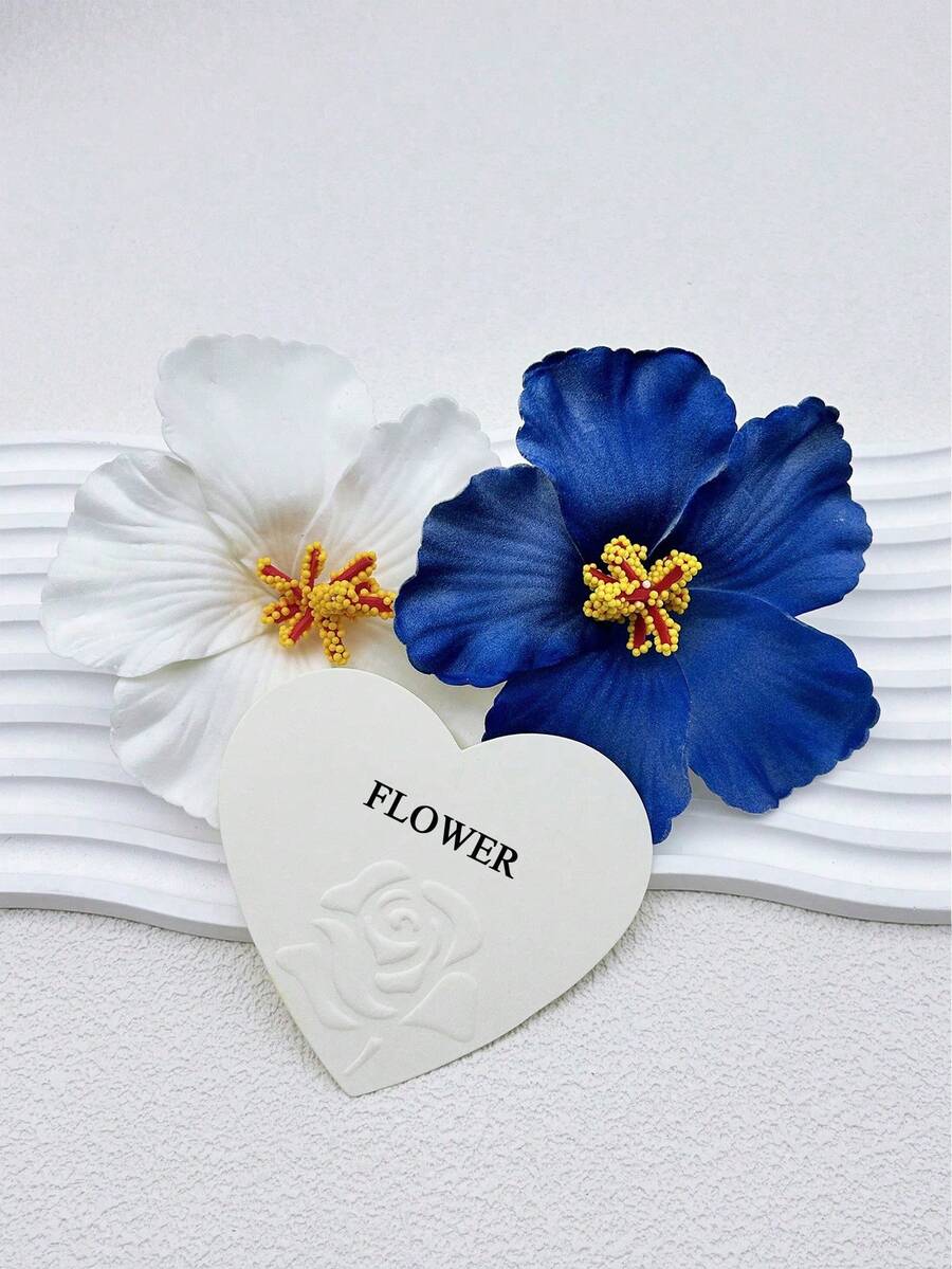 2pcs Flower Decor Hair Clip For Daily Use For Girls Hairstyles Casual Boho Claw Clips Hair Claws Hair Barrettes - Navy & White - View 1