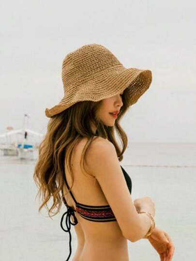 Chapéu de palha de crochê de cor sólida, dobrável, tecido à mão, 1 peça, para mulheres, proteção solar versátil para o verão, guarda-sol para férias na praia