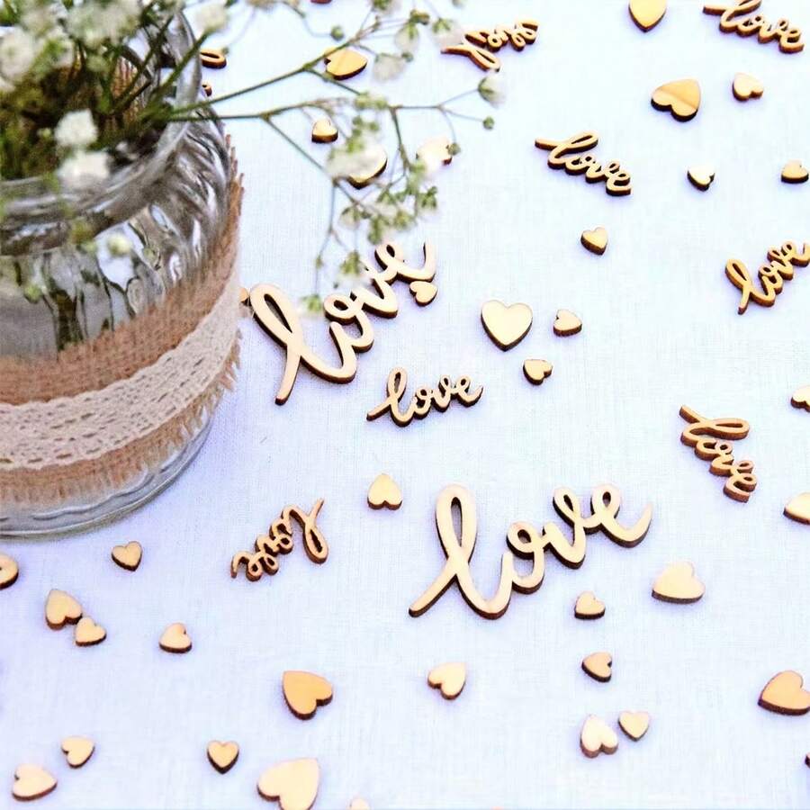 1/2 Packs, 100pcs/200pcs Wooden Love Confetti And Hearts Mixed Natural Rustic Wedding Table Decorations DIY Cutouts Crafts