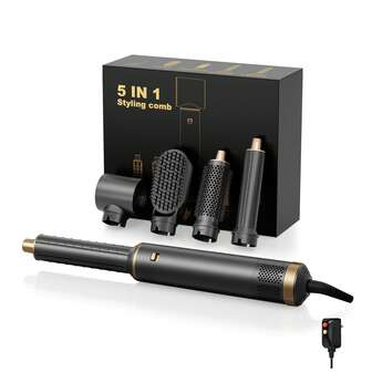 Cepillo de aire caliente 5 en 1 con juego de múltiples accesorios y tecnología de escudo térmico | Ondas, rizos y estilos sedosos sin esfuerzo | Diseño de viaje en negro mate (elegancia digna de un salón en casa/en movimiento, lista para regalar)