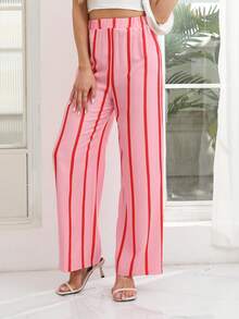 New Casual Loose Waist Striped Long Pants, Elegant College Style For Daily Wear, Travel, Graduation, Campus Activities, Sports & Fitness, Suitable For Spring/Summer/Autumn - Pink - View 2