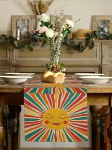 1pc Modern Sunface, Sunflower, Coconut Tree Printed Tablecloth, Kitchen Dining Room Decor, Holiday Decor, Home Gathering Decor, Home Decor, Scene Decor, Outdoor Dining Table, Coffee Table Decor