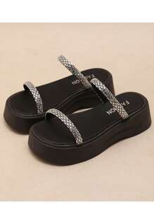 Women's Thick Sole Wedge Platform Sandals, Rhinestone Decorated For Beach, Vacation, Party, White Color