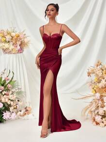 Damen V-Ausschnitt Abendkleid mit Fischgrätenmuster und rückenfreiem Schlitz Maxikleid, für Partys, Bankette, Hochzeitsfeiern, als Hochzeitsgast, Dinner, Ostern, Sommer, Abschlussballkleid