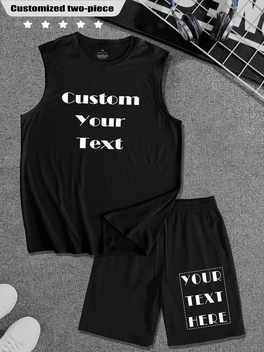 Customized Casual Tank Top & Drawstring Shorts, Men's 2Pcs Set/ Relaxed/ Streetwear/ Sportswear/ Outdoor - Tennis, Golf Style Independence Day/ Labor Day/ St. Patrick's Day/ Nurse's Day/ Women's Day/ Chinese New Year - Black - View 1