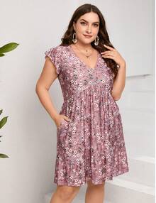 Womens Plus Size Casual Tunic Shift Dress V Neck Loose Swing Ruffle Summer Boho Midi Dress With Pockets - Màu Hồng  San hô - Xem 2