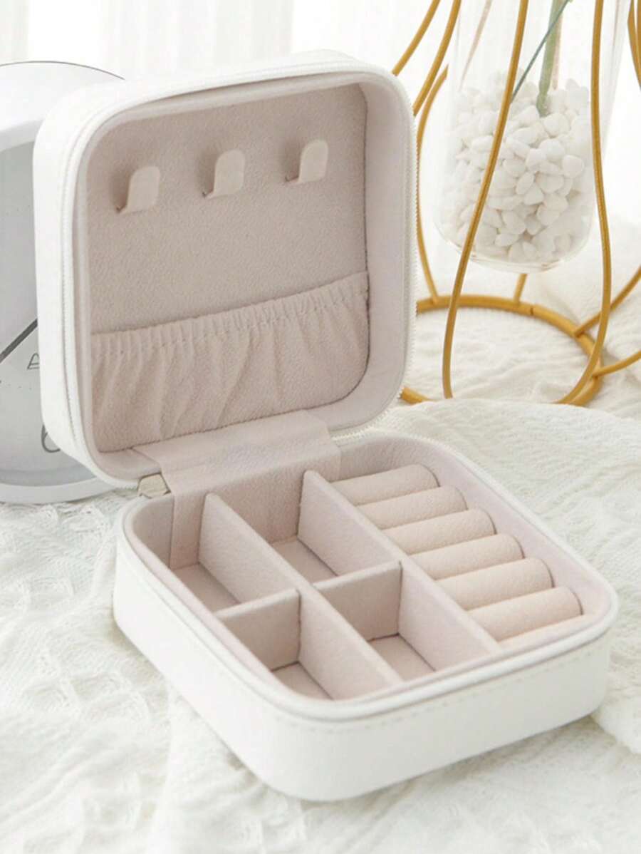 1pc Minimalist Portable Palm-Sized Jewelry Box, European & American Style Ring/Earring Storage Box With Zipper Flip Cover, Travel Accessory Organizer Back To School