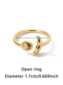 1Pc Dainty Sea Shell Fishtail Ring For Women, Shell Ring, Whale Tail Ring, 18K Gold-Plated Stainless Steel Open Adjustable Ring, Summer Beach Vacation Style Jewelry Fashion Accessories