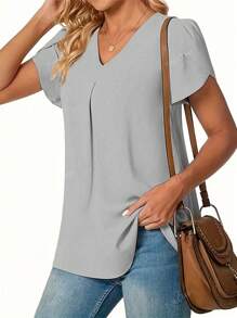 Plus Women's Solid V-Neck Petal Short Sleeve Blouse Tops