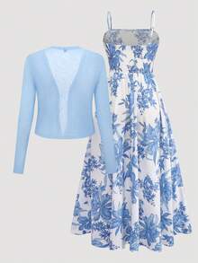 Women's Camisole Print Dress With Waist Gathered Skirt And Knit Cardigan Set, Bohemian Print - Blue and White - View 2