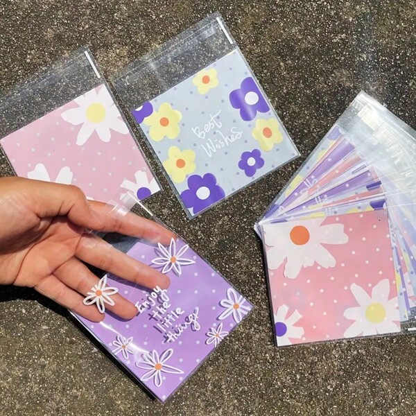 100/200/300 peças Sacos de Embalagem de Doces Autoadesivos com Estampa Floral, Adequado para Festas, Feriados, Pequenos Presentes