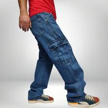 Pantalón Baggy Mezclilla Oversize Hombre Con Bolsas De Cargo - Azul - Ver 3