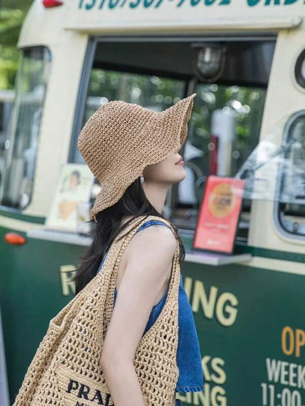 1pc Plain Crochet Big Brim Of A Hat Foldable Straw Hat With Adjustable Strap, Ideal For SpringAutumn Travel, Beach Vacation, Sun Protection, Y2K Style, Youthful Cowboy Hat