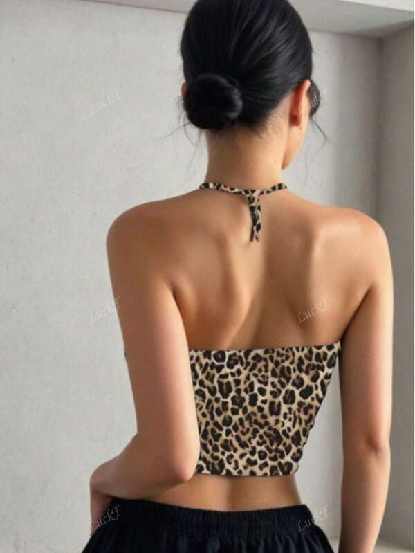 Top corto con cuello halter con estampado de leopardo, sexy y de moda