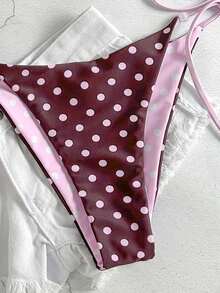 Women's Polka Dot Double Fabric Contrast Color Halter Bikini Top And Side Tie Bottoms, Suitable For Beach, Summer Vacation And Pool Party