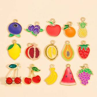 15 dijes de fruta esmaltados mixtos - cereza, fresa, limón, arándano, manzana, sandía, durian, piña, para hacer pendientes, pulseras, collares, manualidades de joyería de verano