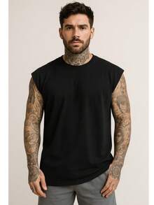 Men's Oversized Tank Top Gym Macho Workout Longline Plain - Black - View 1