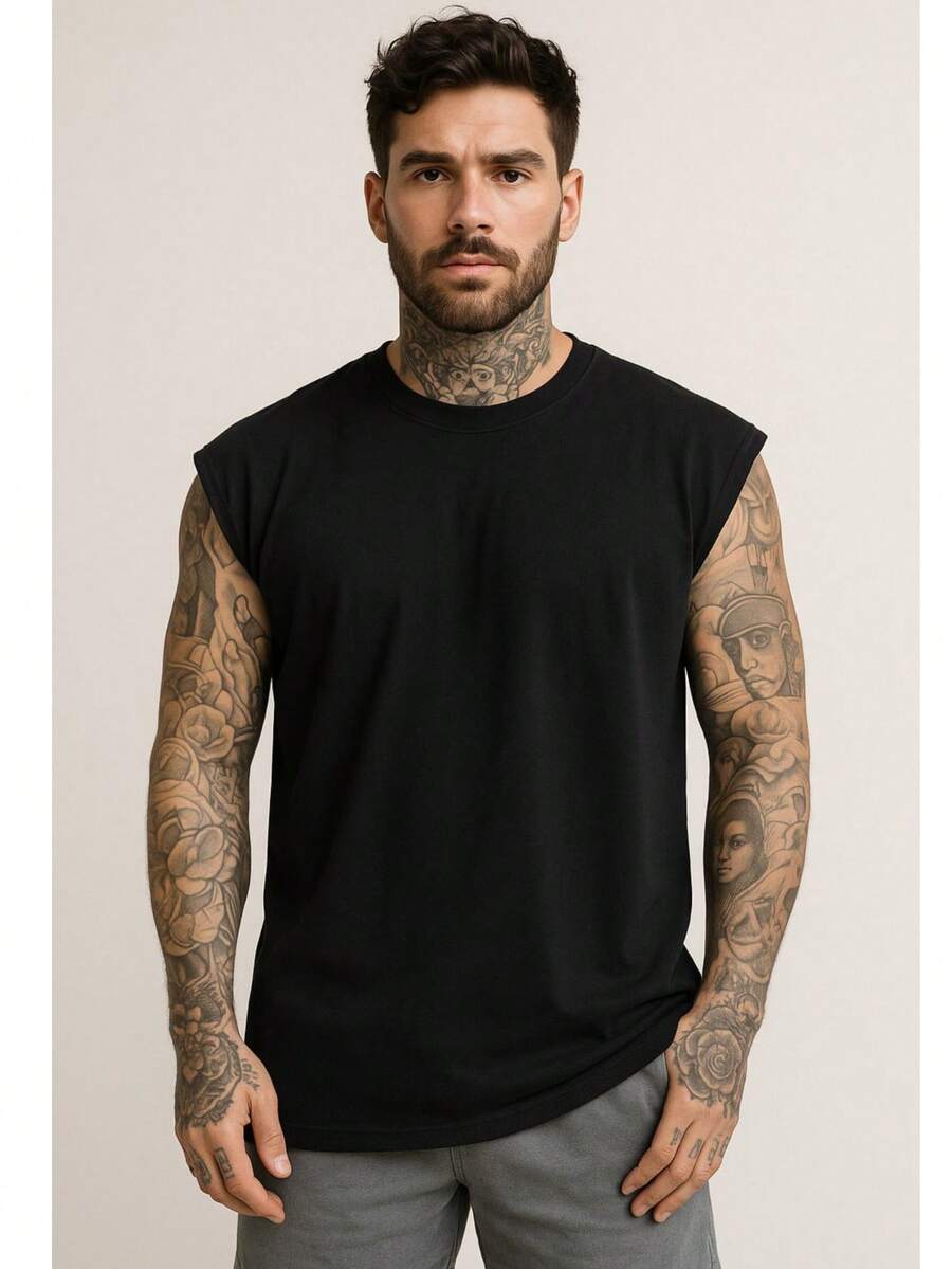 Men's Oversized Tank Top Gym Macho Workout Longline Plain - Black - View 1