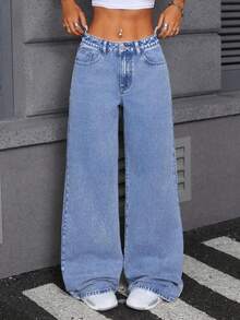 Pantalones Vaqueros de Pierna Ancha para Mujer, Cintura Alta Recta y Suelta, Tejido Elástico Azul Lavado, Elegantes y Casuales, Todo el Año, Estilo Retro de Pierna Ancha, Primavera y Verano - Botones Giratorios, Ajuste Holgado, Azul Claro - azul real - Ver 5