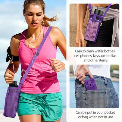 1pc Adjustable Pink Nylon Water Bottle Strap - Breathable Mesh Crossbody Cup Holder With Buckle, Suitable For Travel And Everyday Use