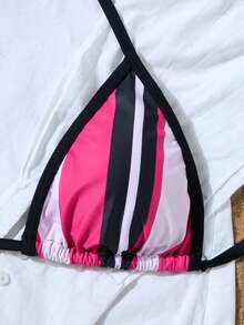 Nouveau 2 pièces/Set Maillot de bain Bikini pour femmes, Maillot de bain avec dos nu, fleurs Ditsy avec accent métallique - Rouge - Voir 3