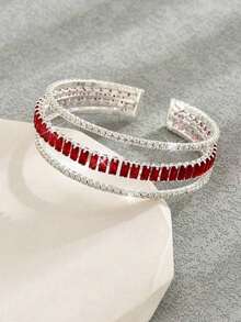 1pc Women's High-End Multi-Layer Diamond Inlaid Open Cuff Bracelet, Suitable For Going Out - Red - View 1