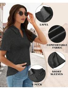 Polo Shirts For Women, V-Neck Business Casual Tops For Women, Summer Lapel Collar Tunic Tops Short Sleeve Work Blouses - 灰色 - 查看 2