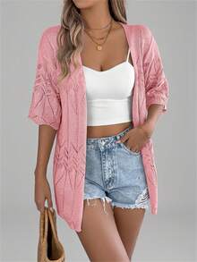 New Summer Hollow Out Short Sleeve Knitted Cardigan, Thin Vacation Beach Sun Protection Cover Up Jacket For Women Pink - Pink - View 4