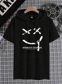 Sommer Neu Herren Kapuzen-T-Shirt mit Kordelzug, Kurzarm, Gesichts- und Monogramm-Muster, reguläre Größe, Große Größen, Lässiger Sportlicher Fitness Laufen Reisen Urlaub Outdoor Camping Herrenshirt