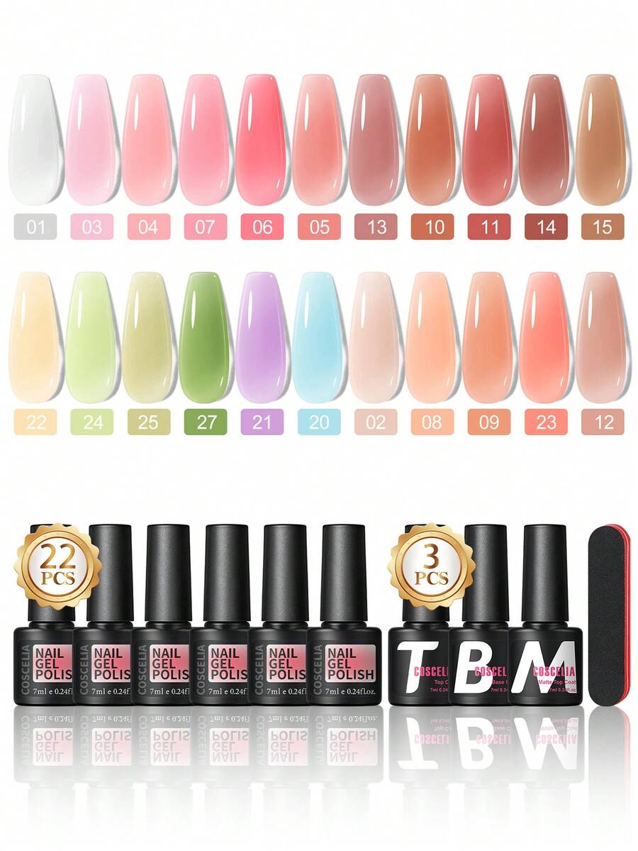 COSCELIA 25PCS Gel Nail Polish Set 22 Colors With 3 Base And Top Coats Soak Off UV LED For Spring Summer Home Manicure Gift For Vacation - Misty Lcy Tea - View 1