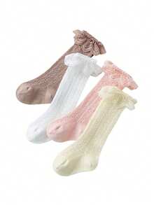 4 Pairs Baby Girls Socks, Colorful Breathable Mesh Lace Trim Knee High Socks, Comfortable Infant Toddler Socks, Perfect Gift For Babies - Multicolor - View 7
