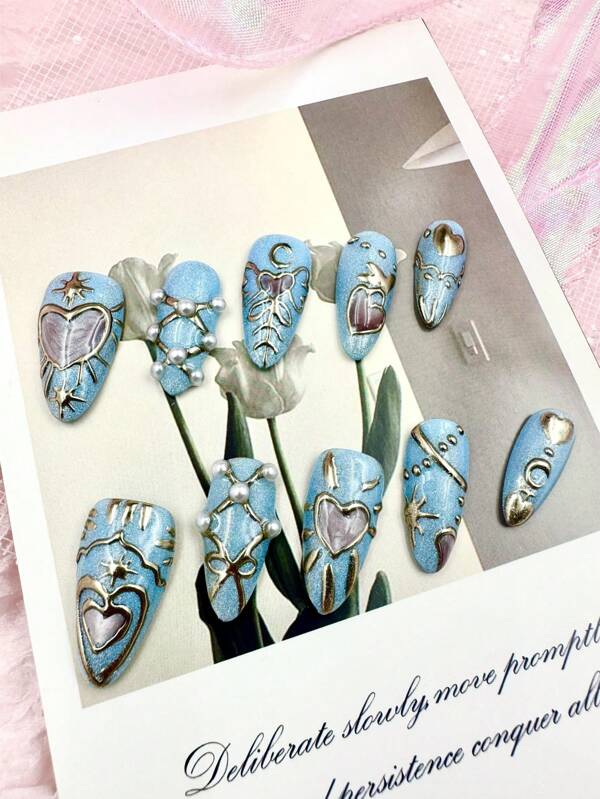 10PCS Medium Almond Fake Nails 3D Heart & Faux Pearl Light Blue Nails, Fairycore Aesthetic, Perfect For Romantic Occasions/Girlish Events, Nail Set With Unique Charm
