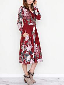 Boho Retro Sage Navy Pink Black Ditsy Floral Surplice Deep V Neck Band Waist Shirring Soft Swing Dress Small To 3 XL Plus - 紅色 - 查看 2