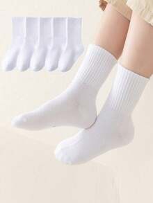 5 Pairs Kids & Youth Daily Wear, School, Casual & Soccer Sports Mid-Calf Socks - White - View 1
