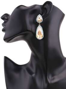 sehuoran Elegant Teardrop Shape Hanging Earrings With Gemstone Copper Base, Suitable For Casual Wear, Wedding, Party And Daily Use, Fashionable Glass Gem Clip-On Earrings, Novel Design - Style 1 - View 2