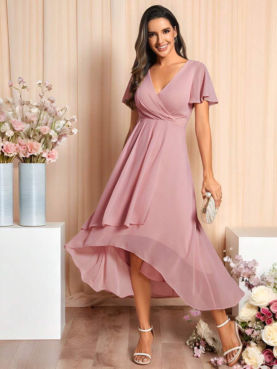 EVERPRETTY Elegant Ruffle Hem Contrast Color High-Low A-Line Mid-Length Chiffon Pink Bridesmaid Dress, Wedding Guest Dress, Suitable For Wedding Occasions