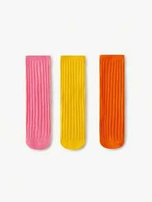 3 双儿童袜子，男童直筒中筒袜，彩色图案，女童糖果色叠穿袜，春秋