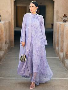 BEAUTY AMINAH [薰衣草色两件套] 阿拉伯风格串珠刺绣长袍开衫 + 挂脖长袍 - 优雅正式派对节日长袍，迷人女装 - 淡紫色 - 查看 7