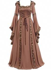 European And American Medieval Retro Hooded Square Neck Solid Color Lace Trumpet Sleeve Large Swing Dress Halloween, Party Dress