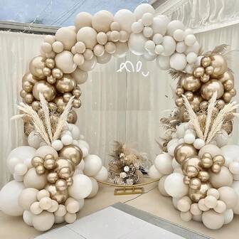 120 st. kransbåge i vit sand med gyllene ballonger, vita hudfärgade ballonger med metallkromguldlatexballonger, lämpliga för bohemisk bröllopsdekor, brudfester, förlovningsfester, födelsedagar etc., badrumsdekor, jubileumsheminredning.
