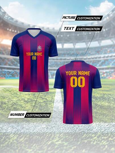 2025 Summer & Autumn Custom Football Jersey, Barcelona, Breathable Quick-Dry 210g Spring/Summer Unisex Sports Team Club Training V-Neck Shirt, Front & Back Printed Name, Number, Logo, Comfortable Fit For Daily, Casual, Party