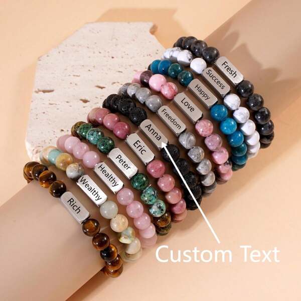 1 pieza Brazalete de piedra natural con nombre grabado por láser personalizado, brazalete de cuentas de energía Chakra, adecuado para uso diario, gran regalo para el Día del Maestro, Día de la Madre, Navidad, Aniversario