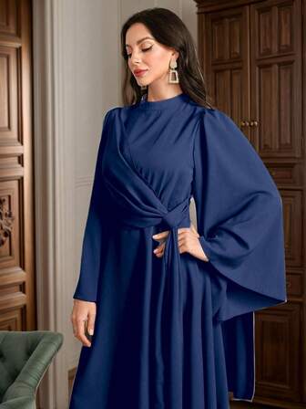 Vestido de mujer de manga larga, elegante, de unicolor, con cintura anudada, mangas acampanadas y falda drapeada