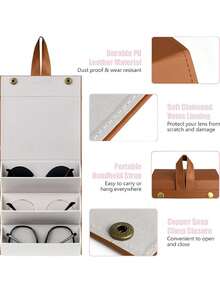 3 槽旅行眼镜盒，可折叠悬挂眼镜太阳镜收纳架收纳盒，PU 皮革眼镜架 - 棕色 - 查看 6