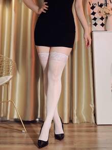 1pc 5D Transparent Glossy Garter Thigh-High Stockings With Silicone Lace, Non-Slip Long Socks, Thin, Solid Color, Sexy Ladies Stockings Suitable For Daily Wear, Spring/Summer