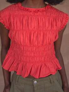 Women Tank Tops Solid Color Ruched Round Neck Casual Vests Summer Sleeveless Blouse Tops Streetwear - Red - View 2