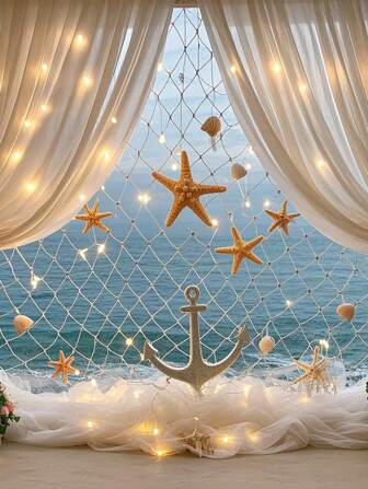 2D Flat, 1pc Natural Fish Net Wedding Party Decorations For Pirate Party, Hawaiian Party, Nautical Themed Fishnet Party Accessory Creamy White Fishing Net Beach Theme Decor For Party Home Living Room Bedroom Room Decor Summer Home Decors Bedroom Decor Wall Decor